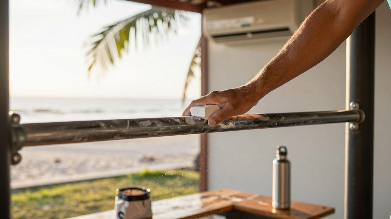 Mão masculina aplicando magnésio em barra na barra de exercício próxima à praia em ambiente aberto.
