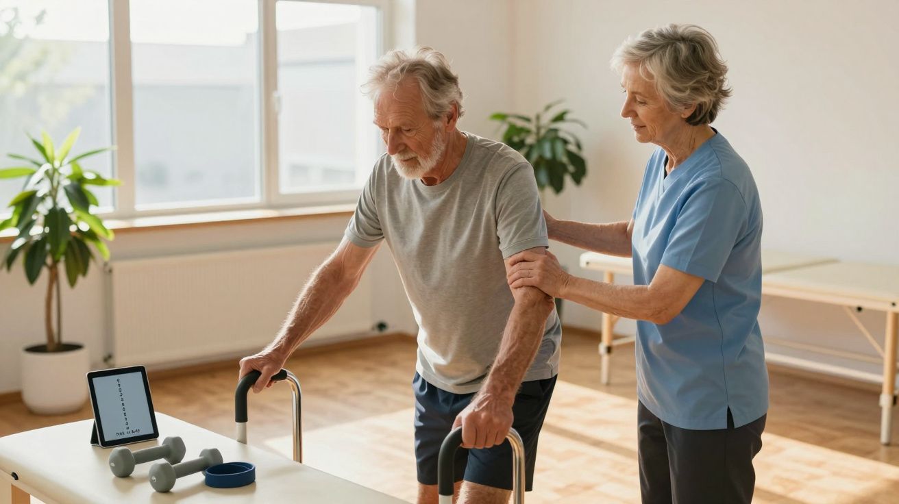 Idoso usando andador ajuda com suporte de cuidadora em sala de fisioterapia bem iluminada.
