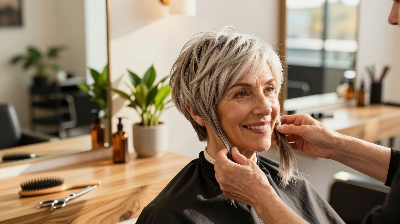 Mulher sorrindo enquanto cabeleireiro ajeita seu cabelo grisalho curto em salão de beleza moderno.