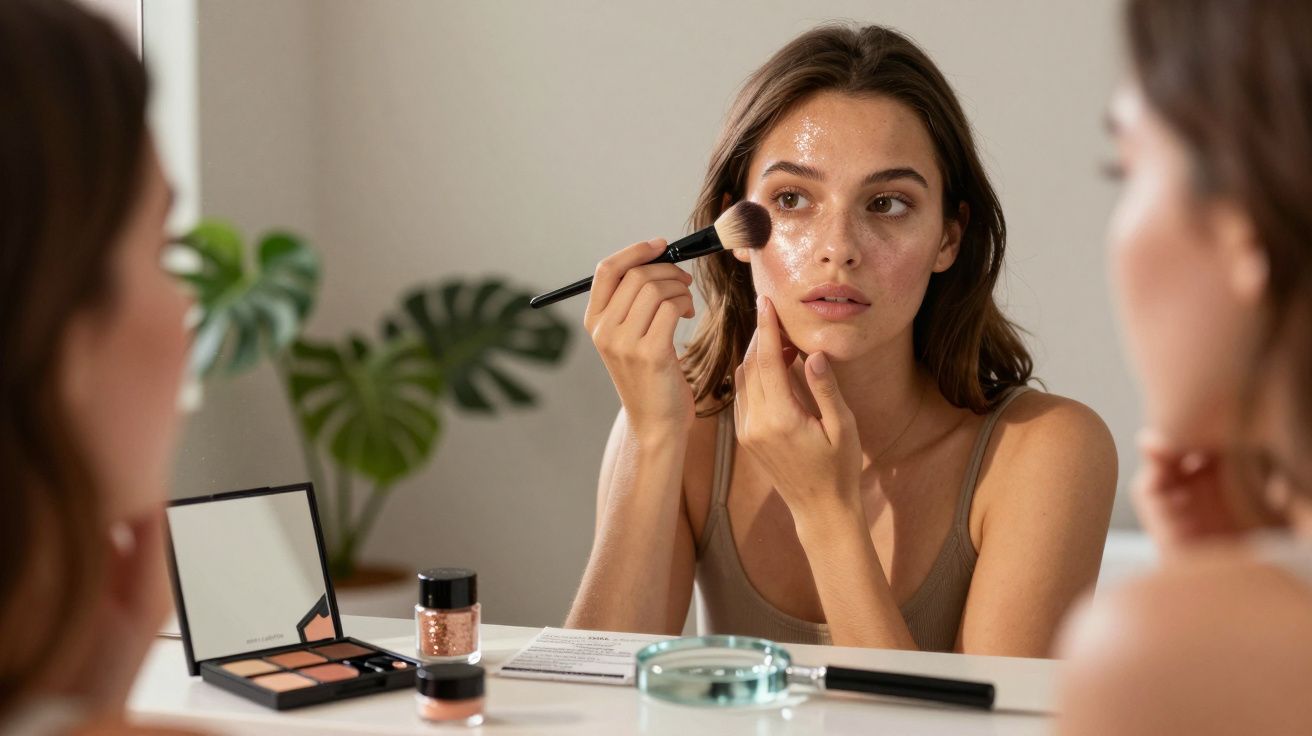 Mulher aplicando maquiagem no rosto com pincel, olhando no espelho sobre a bancada com produtos.