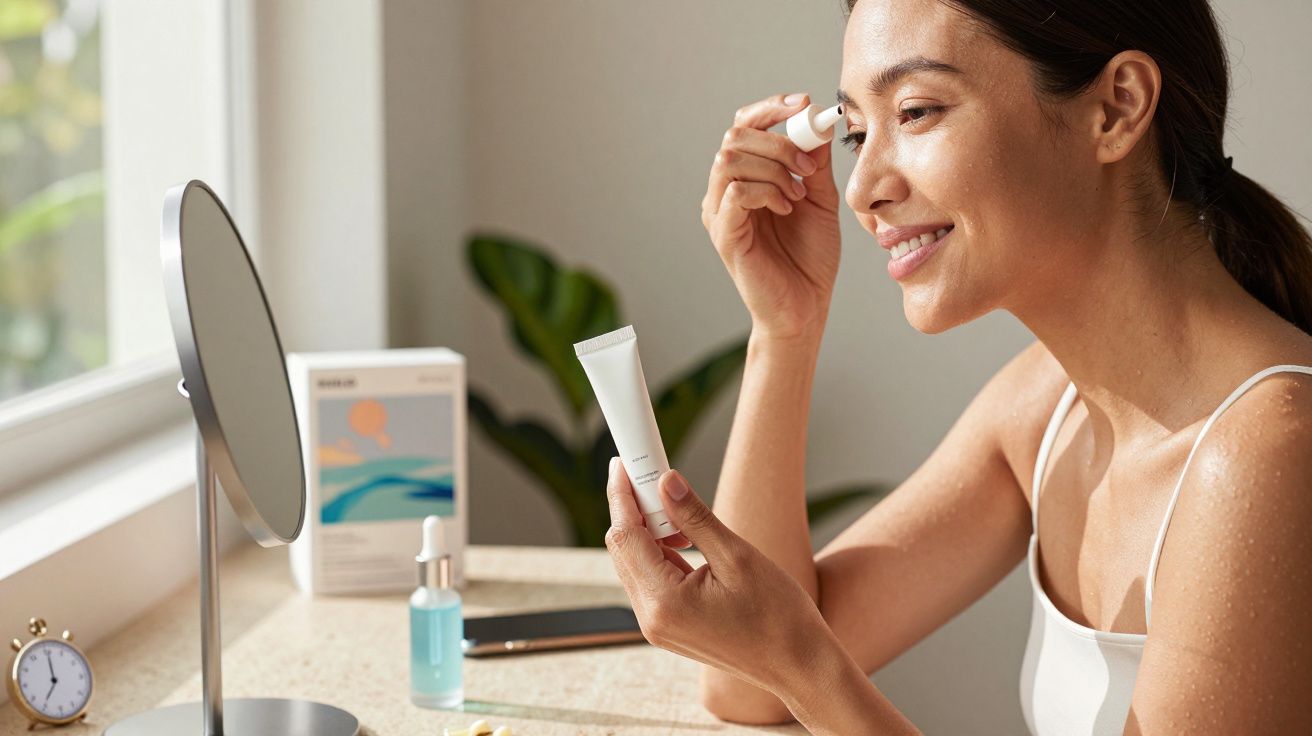 Mulher aplicando sérum facial ao redor dos olhos sentada à mesa com espelho e produtos de skincare.