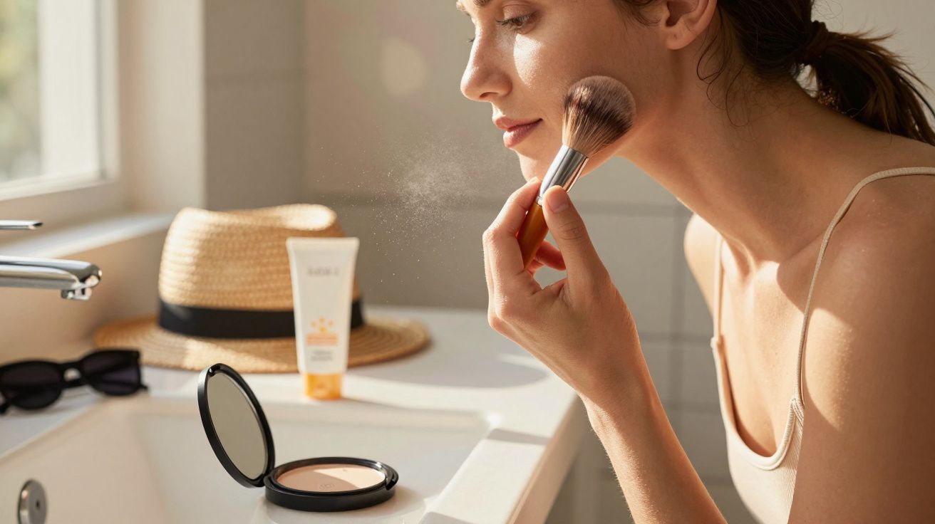 Mulher aplicando pó facial com pincel em frente a pia com espelho, chapéu e óculos no fundo.