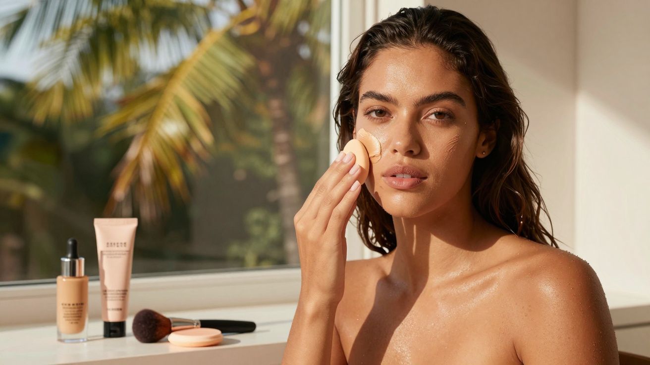 Mulher aplicando base facial com esponja, ao lado produtos de maquiagem em ambiente iluminado.