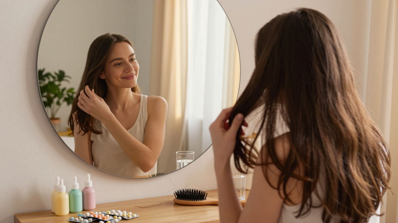 Mulher sorrindo arruma o cabelo na frente de espelho redondo em ambiente claro e acolhedor.