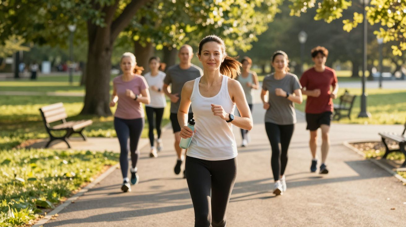 Grupo diverso correndo em parque ensolarado com árvores e bancos ao fundo.