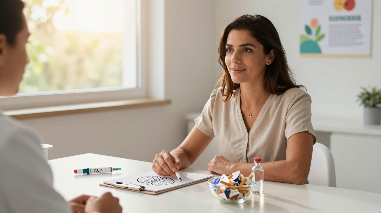 Mulher sorridente conversando com médico enquanto segura caneta e papel com desenho cerebral.