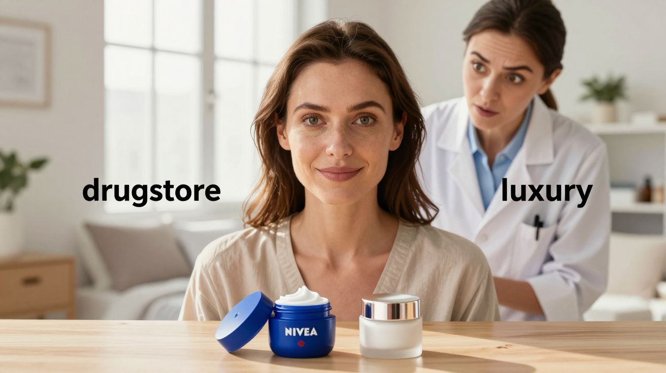 Mulher escolhe entre creme drugstore Nivea e creme luxury com médica ao fundo.