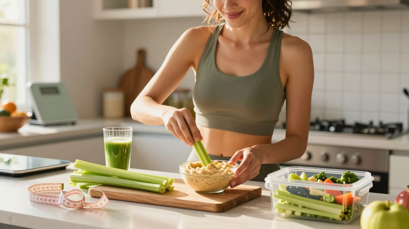 Mulher em roupa esportiva preparando petisco saudável com aipo e homus na cozinha iluminada.