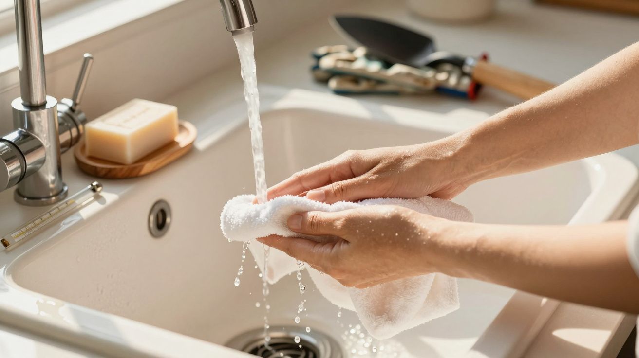 Mãos lavando uma toalha branca em cuba de banheiro com sabonete ao lado e água corrente da torneira.