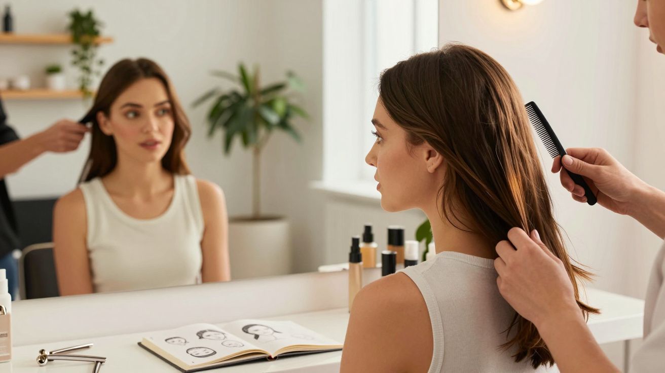 Mulher jovem sentada em frente ao espelho recebendo penteado em salão de beleza.