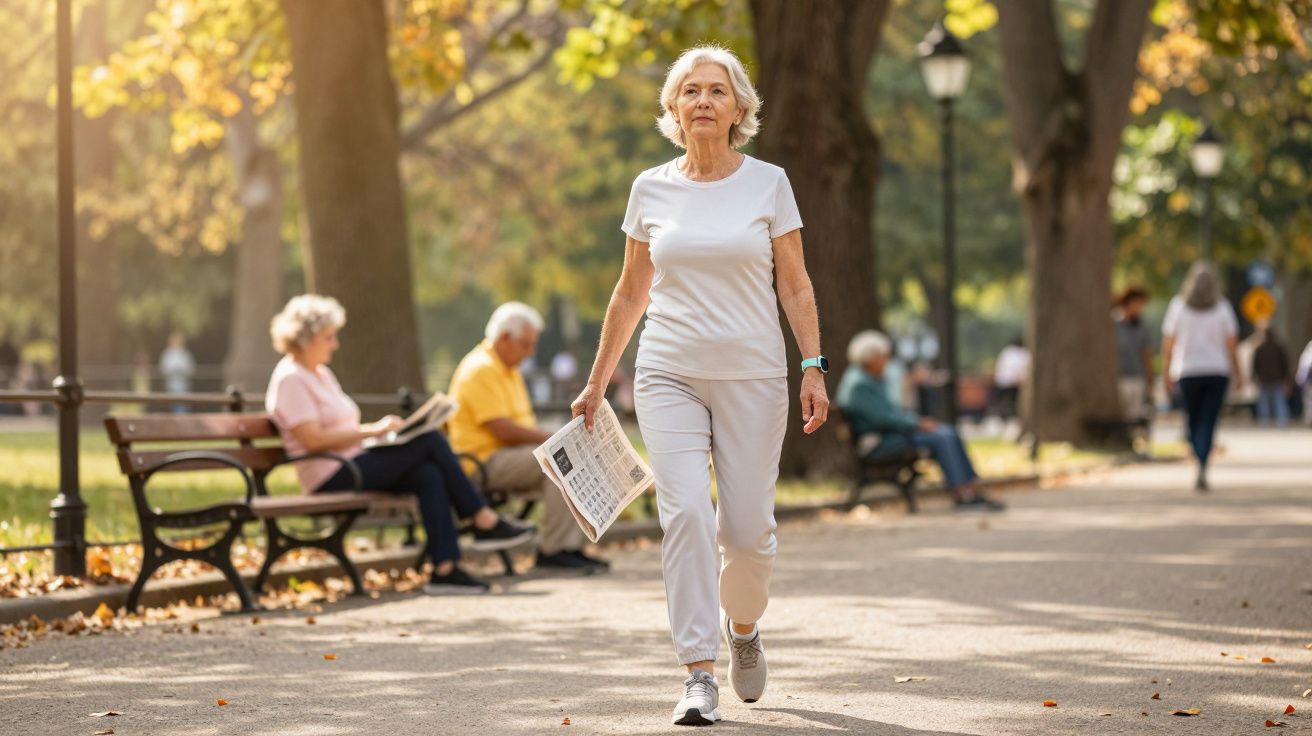 Mulher idosa caminhando em parque com jornal na mão em dia ensolarado de outono.