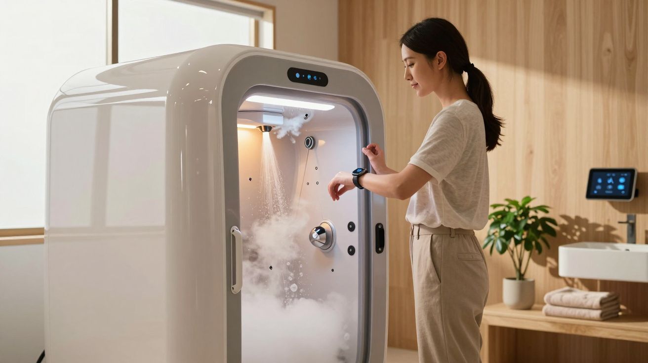 Mulher interagindo com cabina de crioterapia branca em ambiente interno moderno.