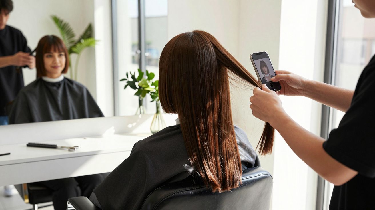 Pessoa com capa preta no salão de beleza, cabeleireiro mede cabelo e fotografa com celular.