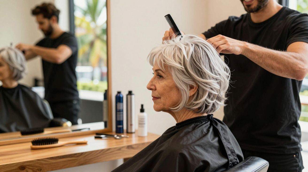 Mulher idosa com cabelo branco sendo penteada por cabeleireiro em salão moderno com espelho.