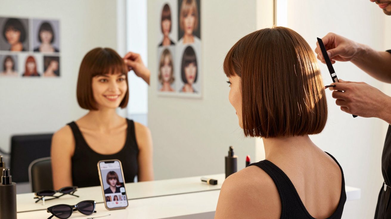 Mulher com cabelo curto castanho sentada em salão de beleza, olhando no espelho enquanto cabeleireiro penteia seu cabelo.