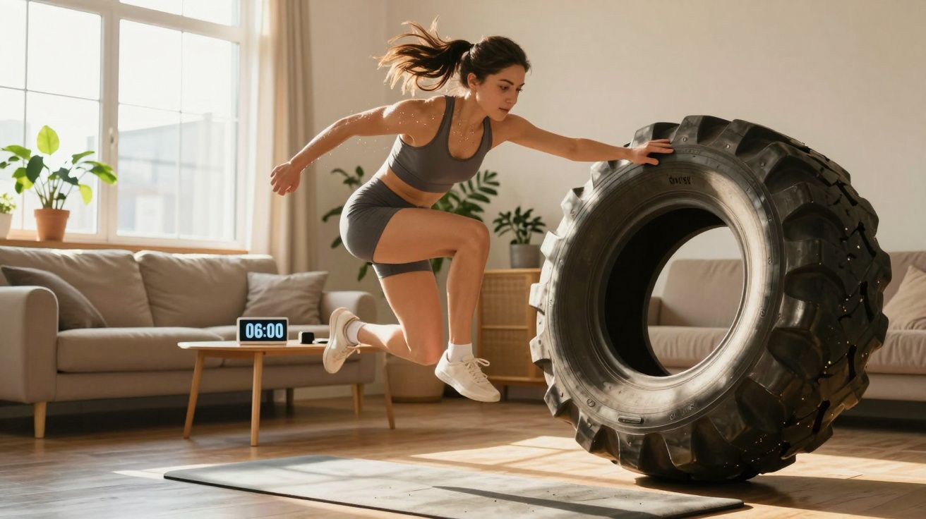 Mulher praticando exercício com pneu grande na sala iluminada por luz natural.