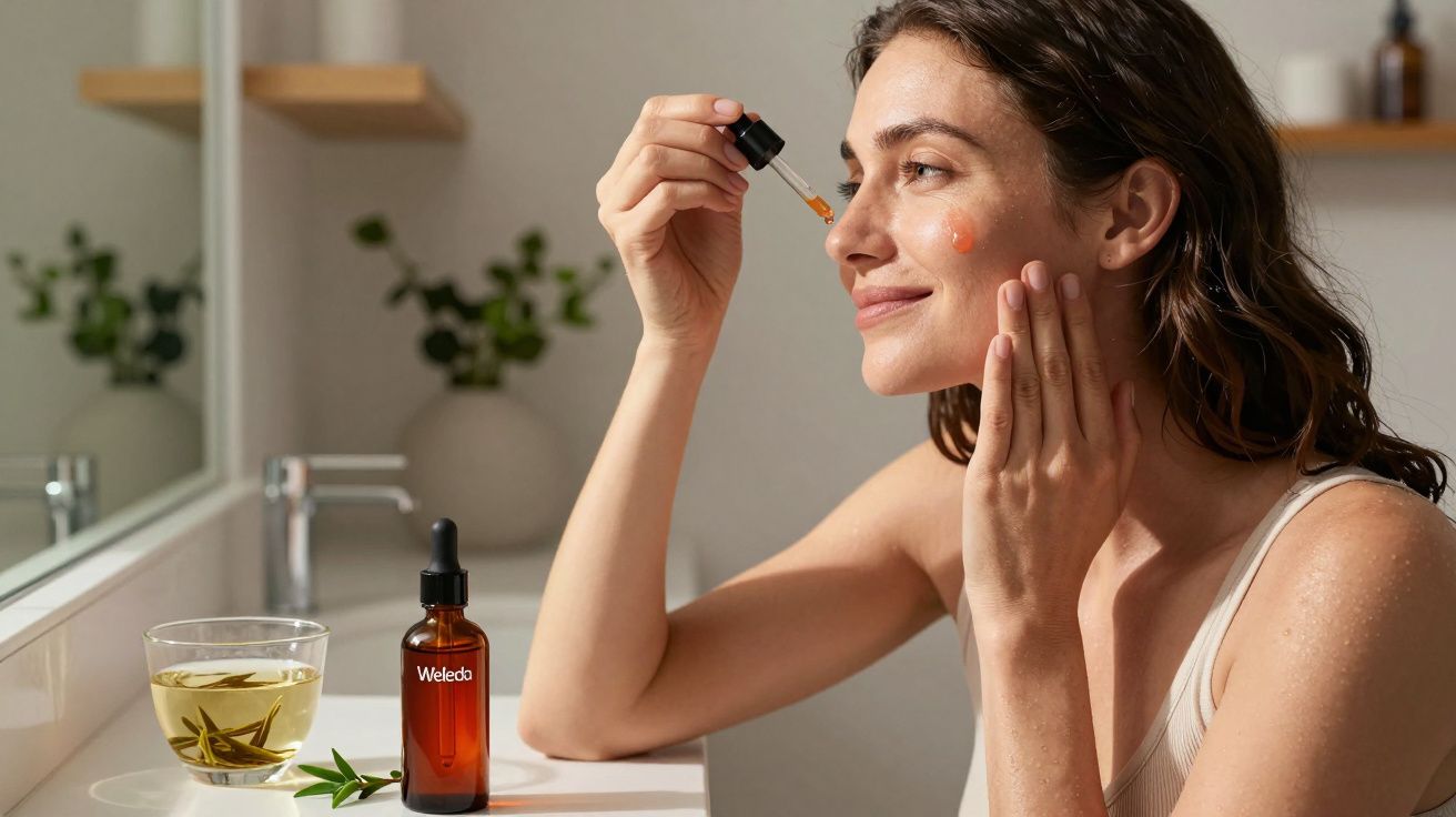 Mulher aplicando sérum facial com conta-gotas no rosto em ambiente de banheiro aconchegante.