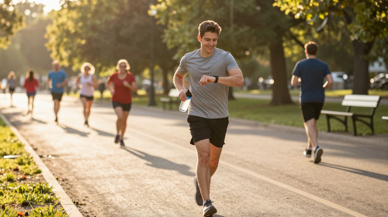 Homem sorridente correndo no parque ao amanhecer, segurando garrafa e olhando relógio no pulso.