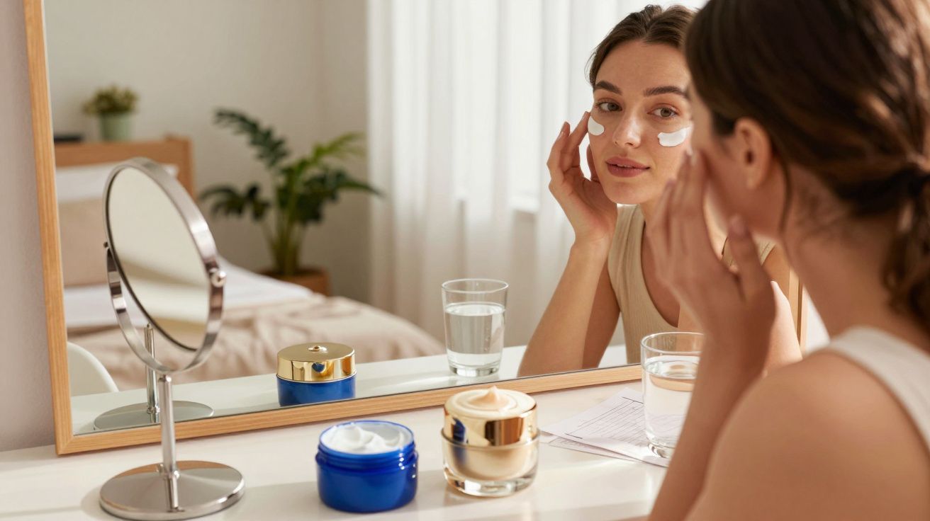 Mulher aplicando creme facial perto de espelho sobre mesa com potes e copos d'água.