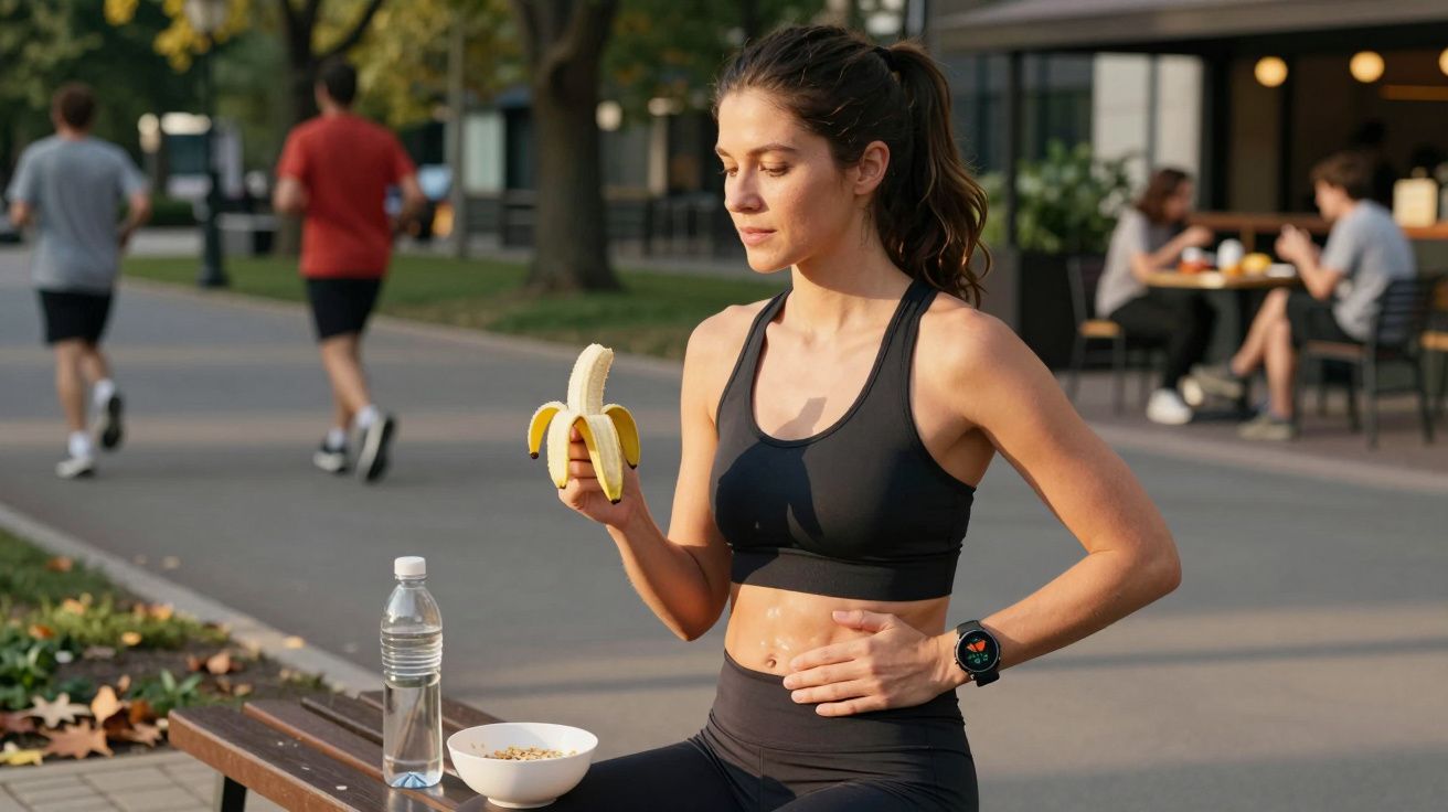 Mulher em roupa de treino sentada no banco ao ar livre comendo banana após atividade física.