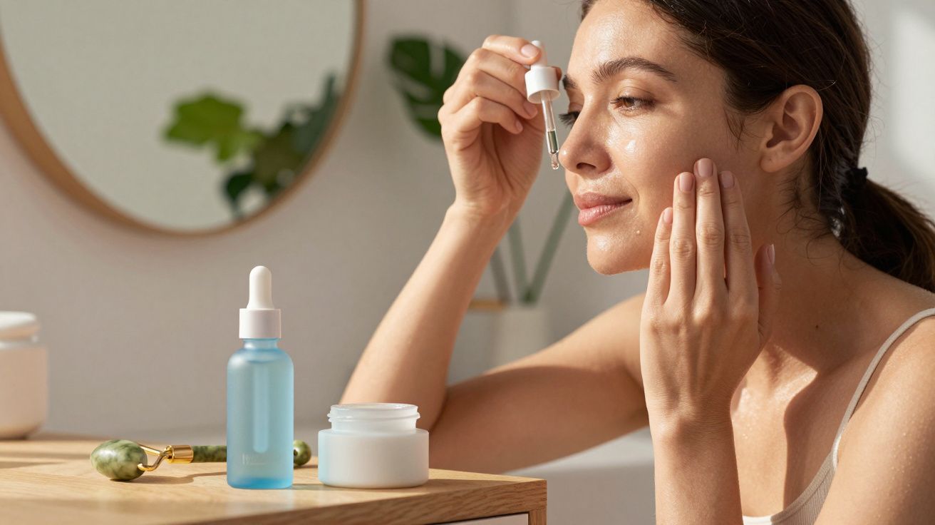 Mulher aplicando sérum facial com conta-gotas em ambiente interno, com produtos de skincare na mesa.