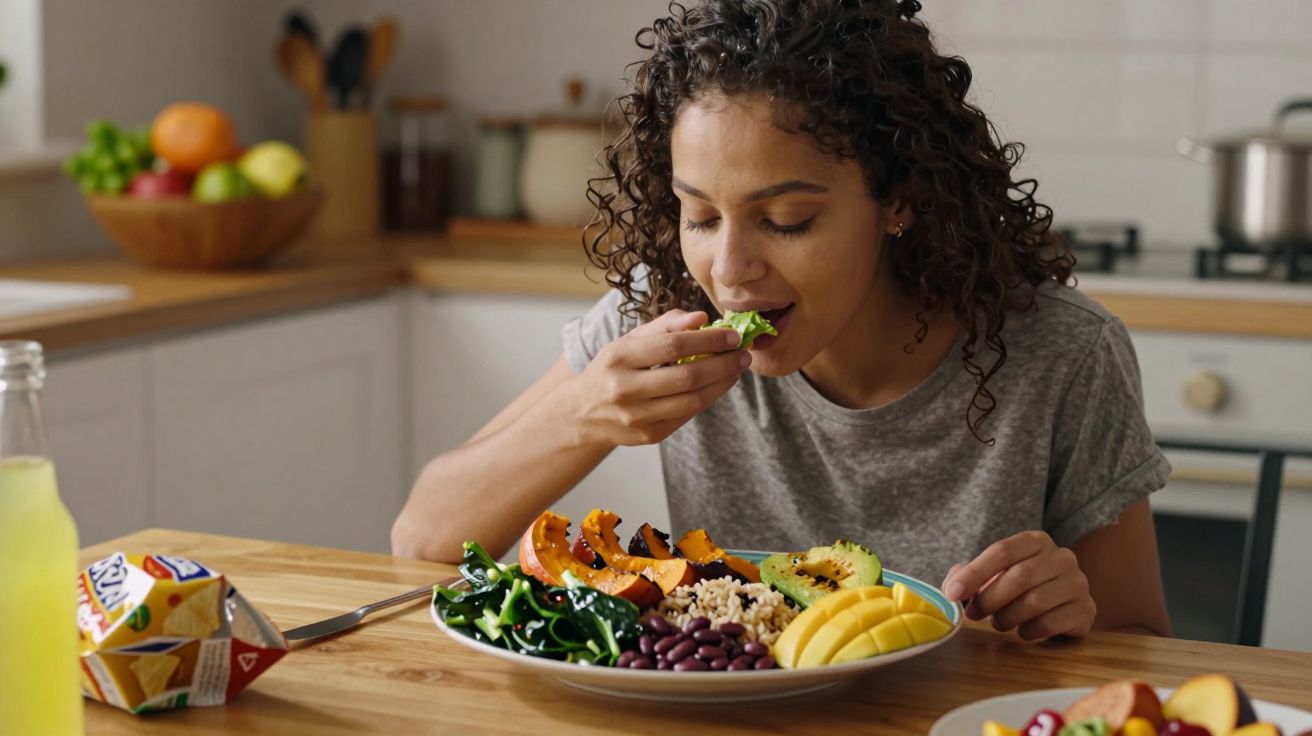 Mulher comendo salada saudável em prato com legumes, feijão e frutas em mesa de cozinha.