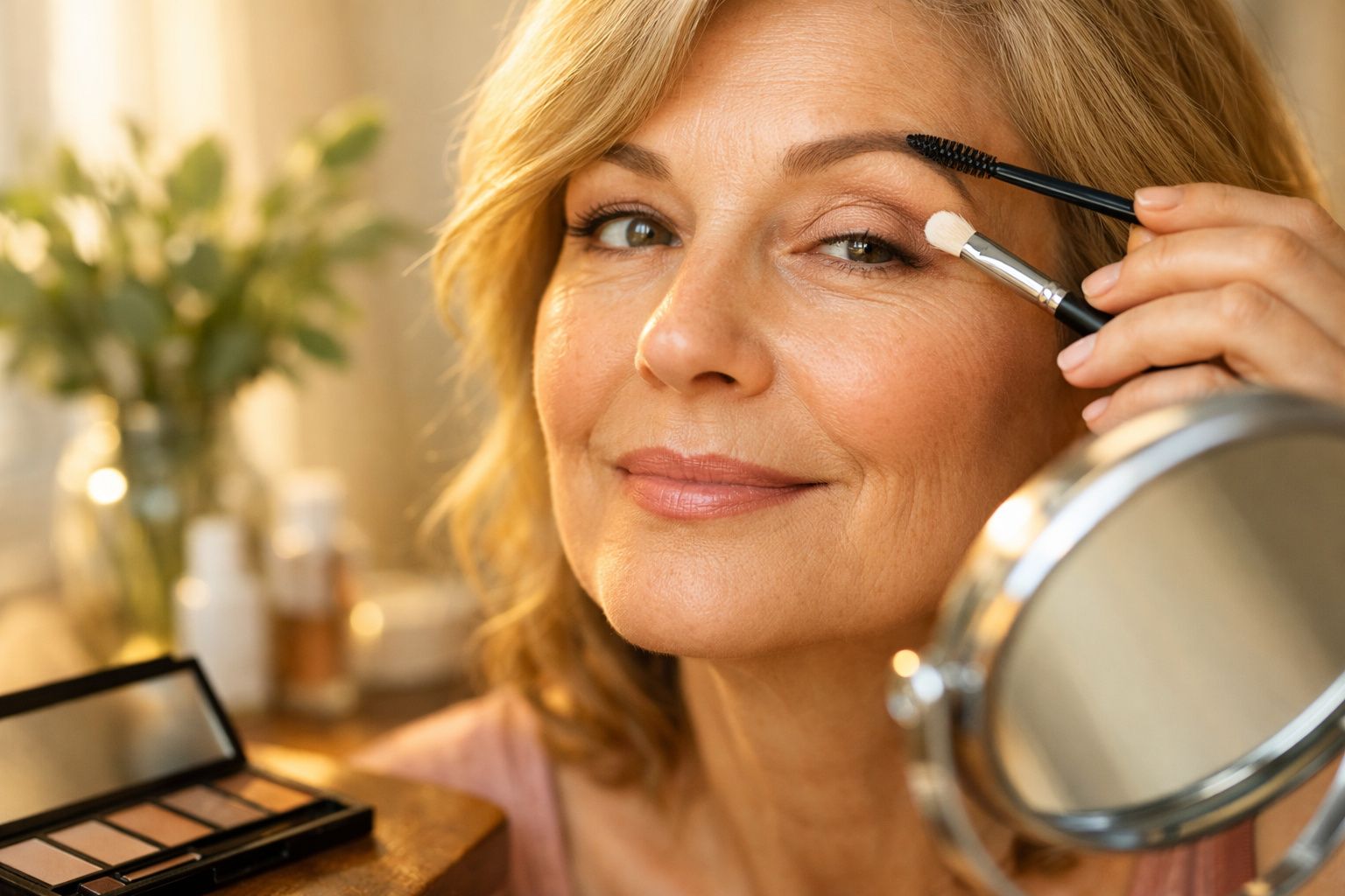 Mulher sorridente aplicando maquiagem nas sobrancelhas com pincel e escova em frente ao espelho.