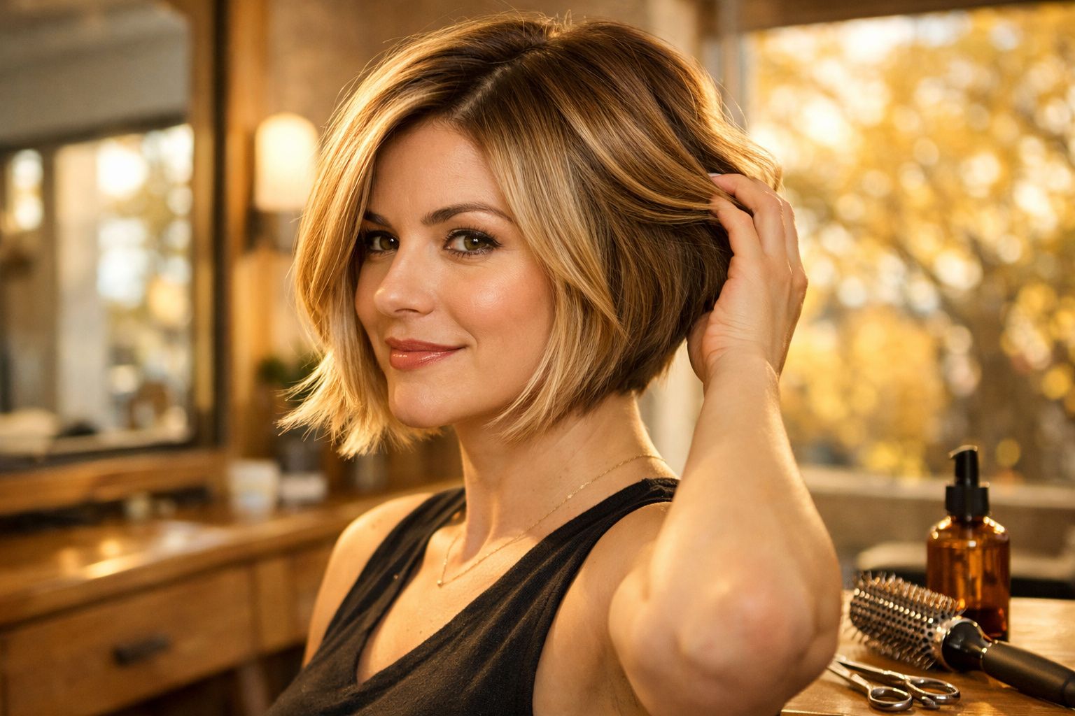 Mulher de cabelo curto claro, sorriso suave, ajeitando o cabelo em ambiente interno com luz dourada.