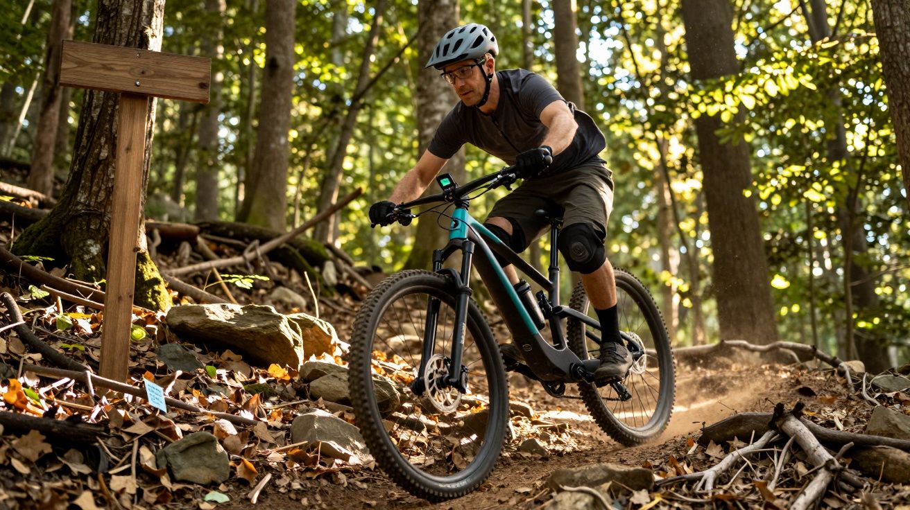 Homem de capacete e joelheiras pedalando mountain bike em trilha de floresta com folhas secas e pedras.