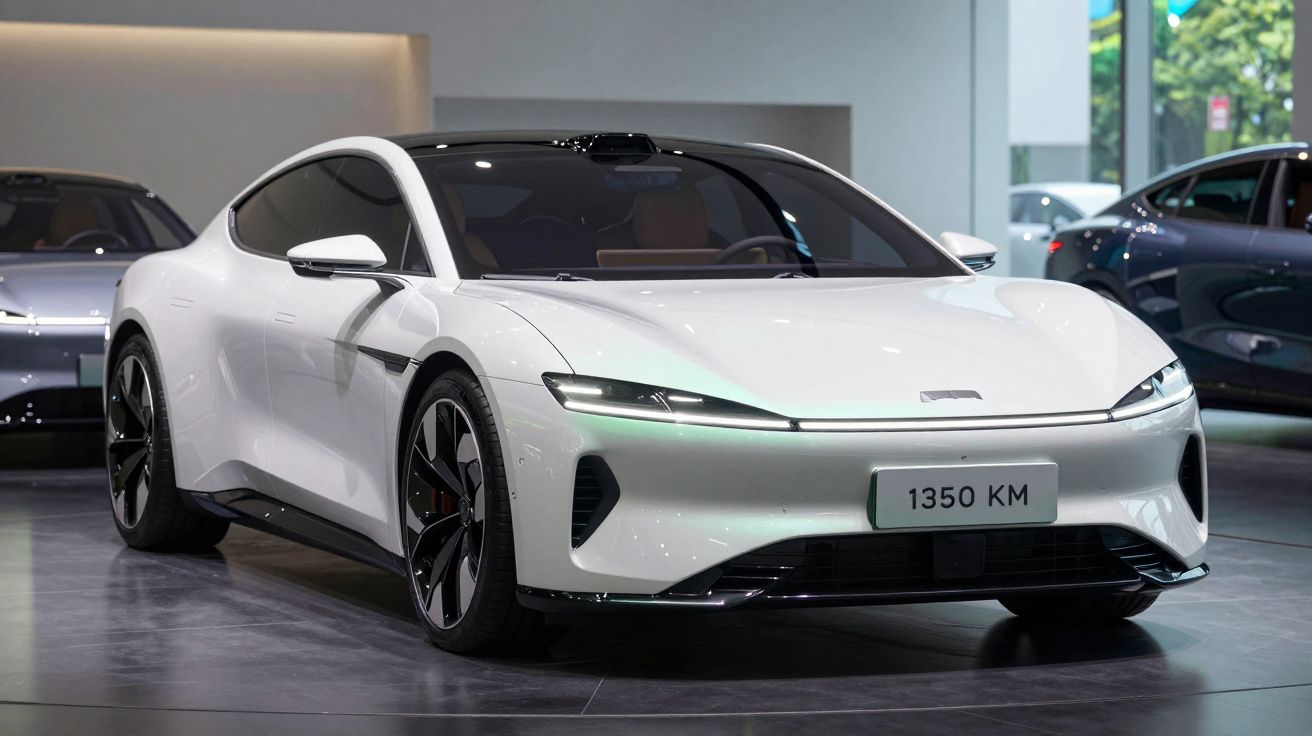 Carro esportivo elétrico branco com design aerodinâmico e rodas pretas exposto em showroom.