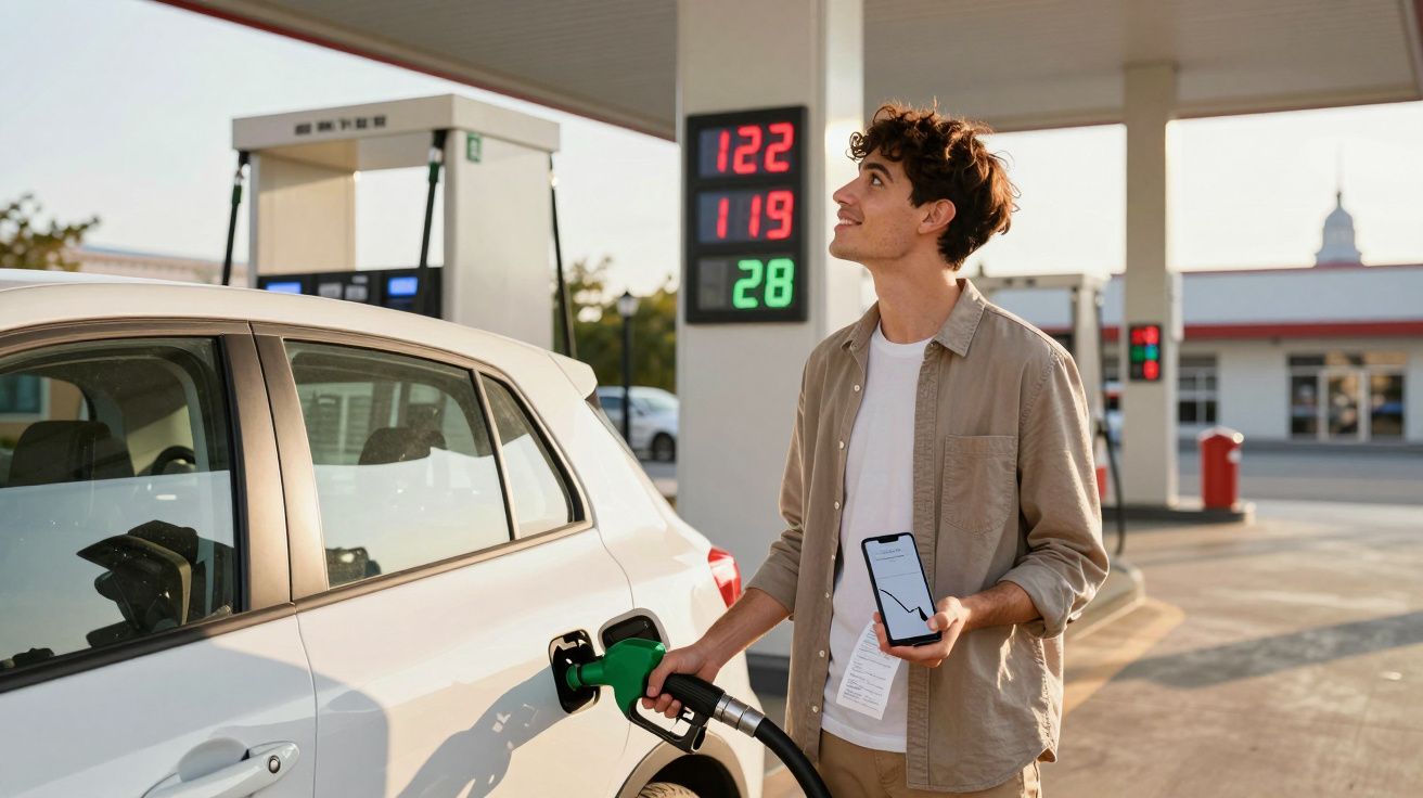 Homem abastecendo carro em posto de gasolina, segurando celular com gráfico e olhando para painel de preços.