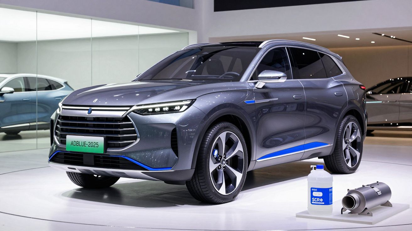 SUV cinza moderno em exposição, com detalhes azuis e objetos em destaque ao lado direito.