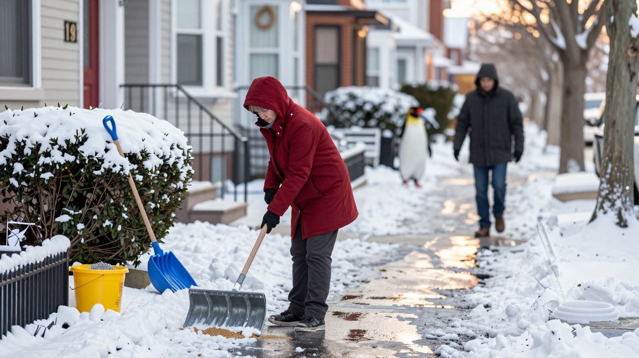 Pessoa de casaco vermelho remove neve da calçada em bairro residencial com outra pessoa ao fundo.