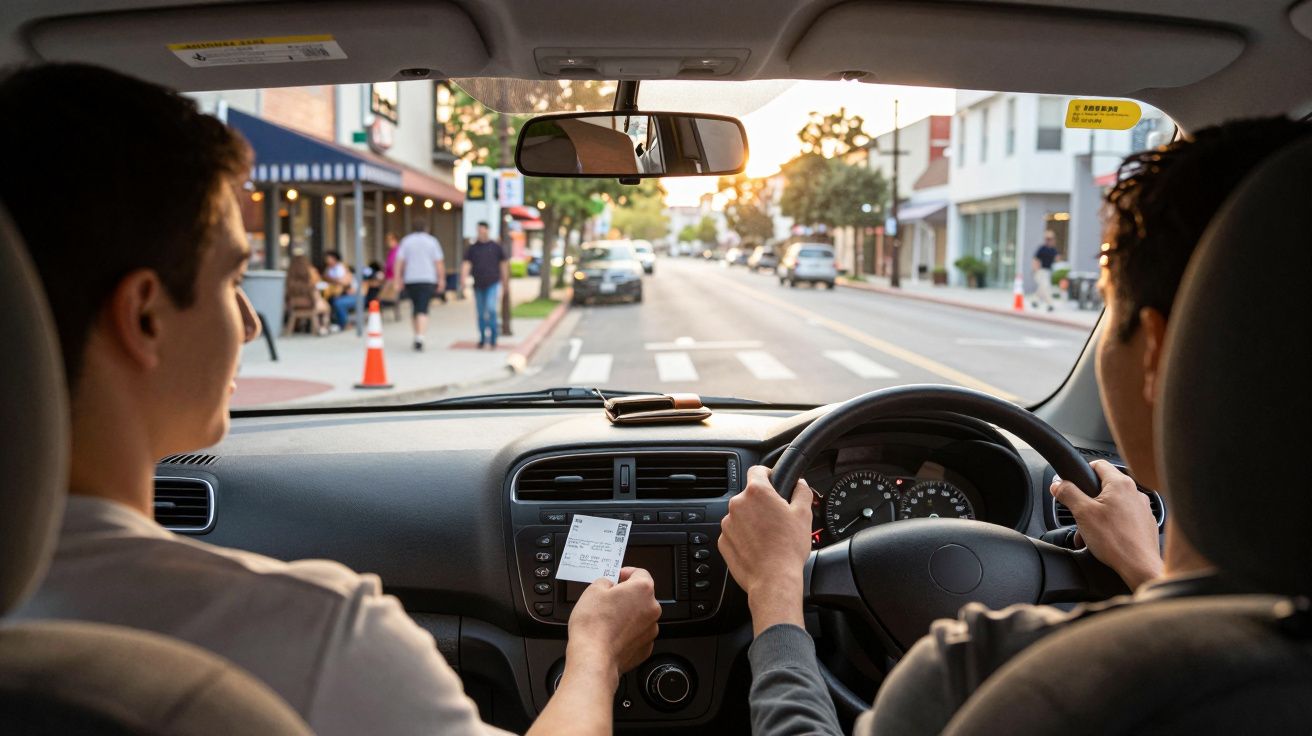 Interior de carro com motorista e passageiro, este segurando um ticket na mão, com rua e pedestres ao fundo.