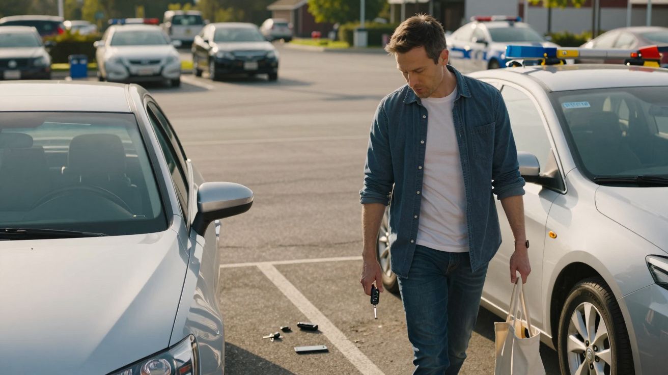 Homem olhando para o chão onde estão espalhados objetos ao lado de carros estacionados em um estacionamento.