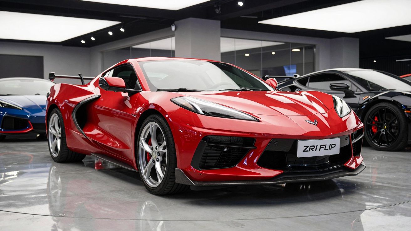 Carro esportivo vermelho em showroom moderno com carros pretos e azul ao fundo.