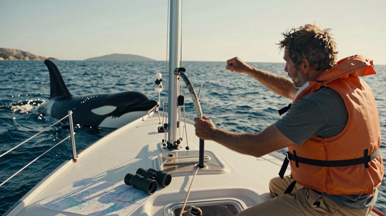 Homem com colete salva-vidas em barco à vela próximo a uma orca no mar em dia ensolarado.