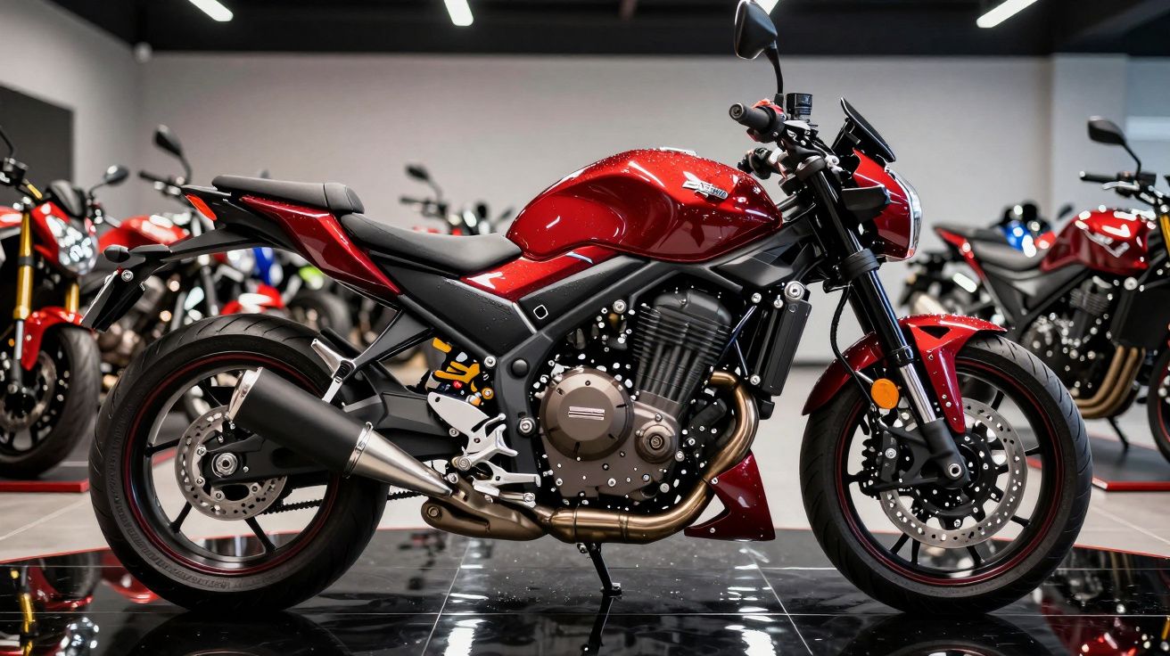 Motocicleta vermelha exposta em showroom com várias outras motos desfocadas ao fundo.