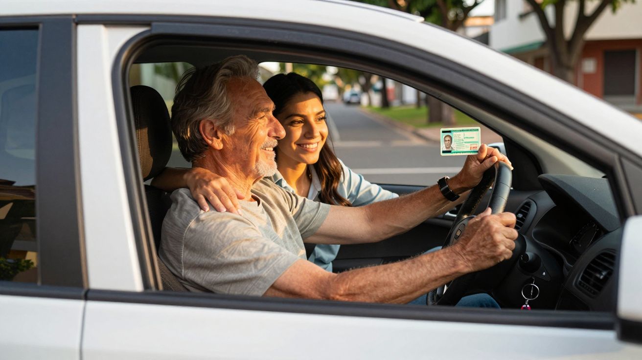 Homem idoso dirigindo carro com mulher jovem sorridente segurando carteira de habilitação.