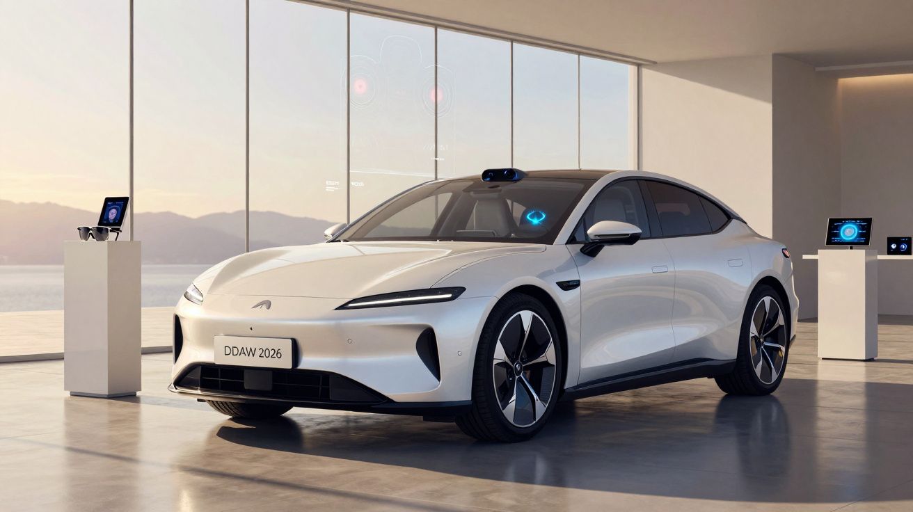 Carro elétrico branco moderno estacionado em ambiente interno com grandes janelas e dispositivos tecnológicos ao redor.