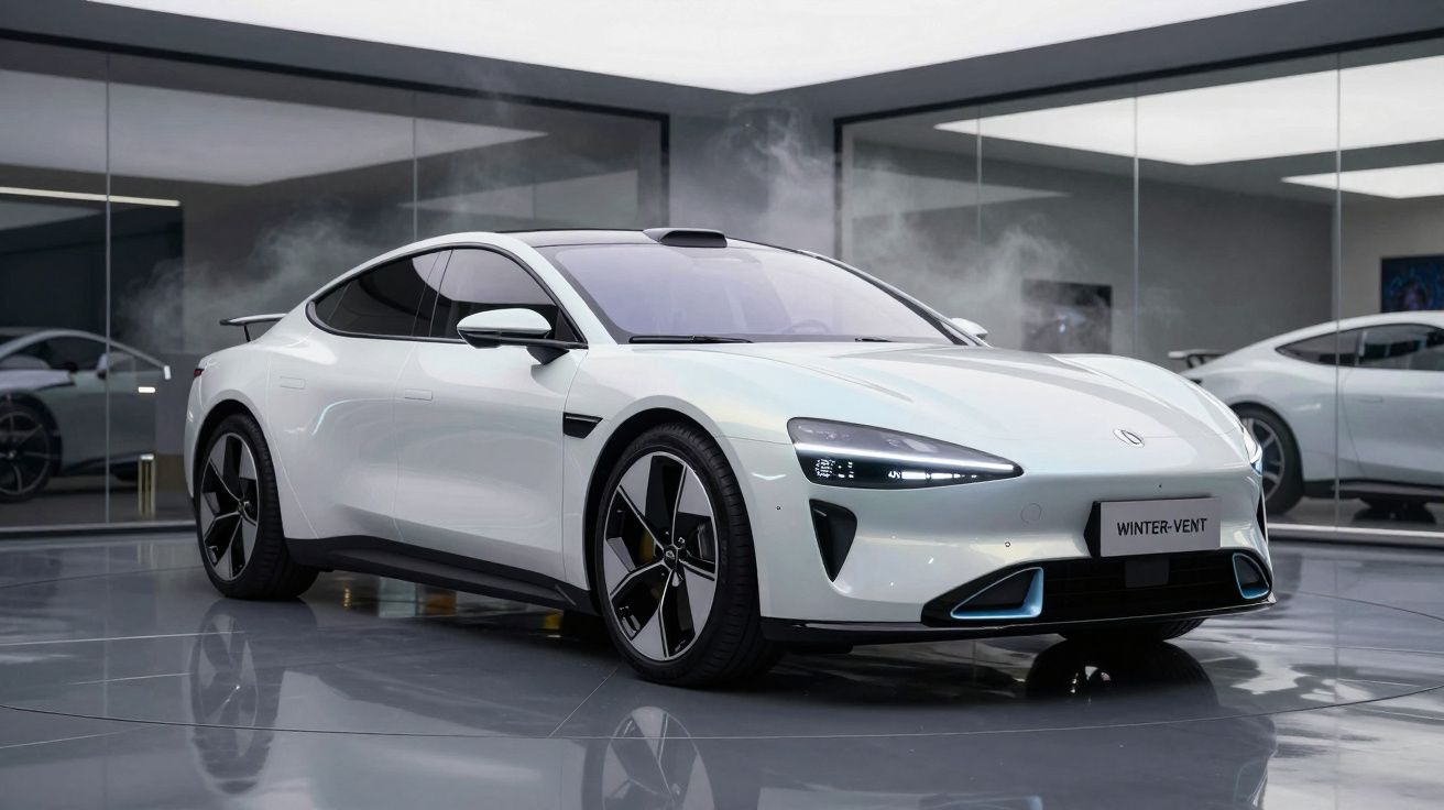 Carro elétrico esportivo branco em showroom moderno com piso espelhado e paredes de vidro.