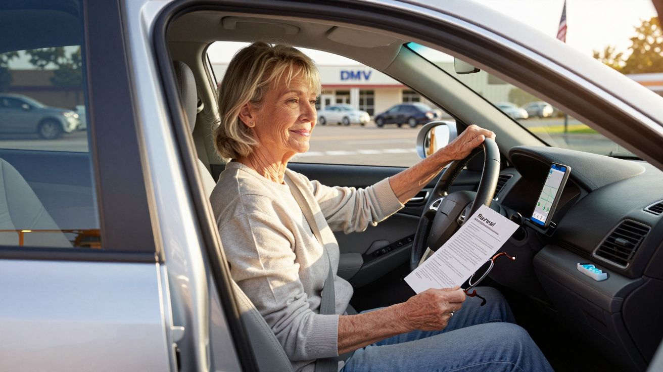 Mulher sorridente ao volante segurando documento dentro de carro estacionado próximo ao DMV.