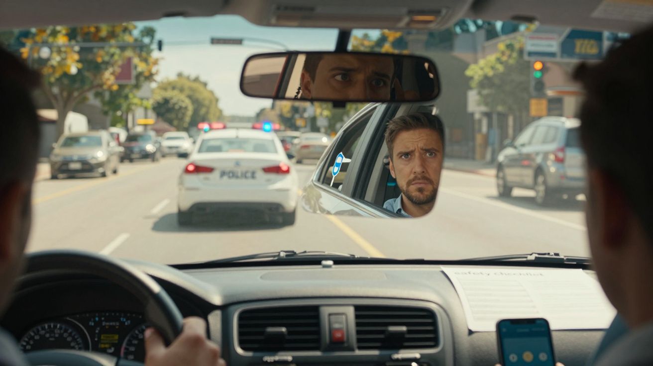 Motorista preocupado olhando no retrovisor enquanto carro da polícia o para na rua movimentada.