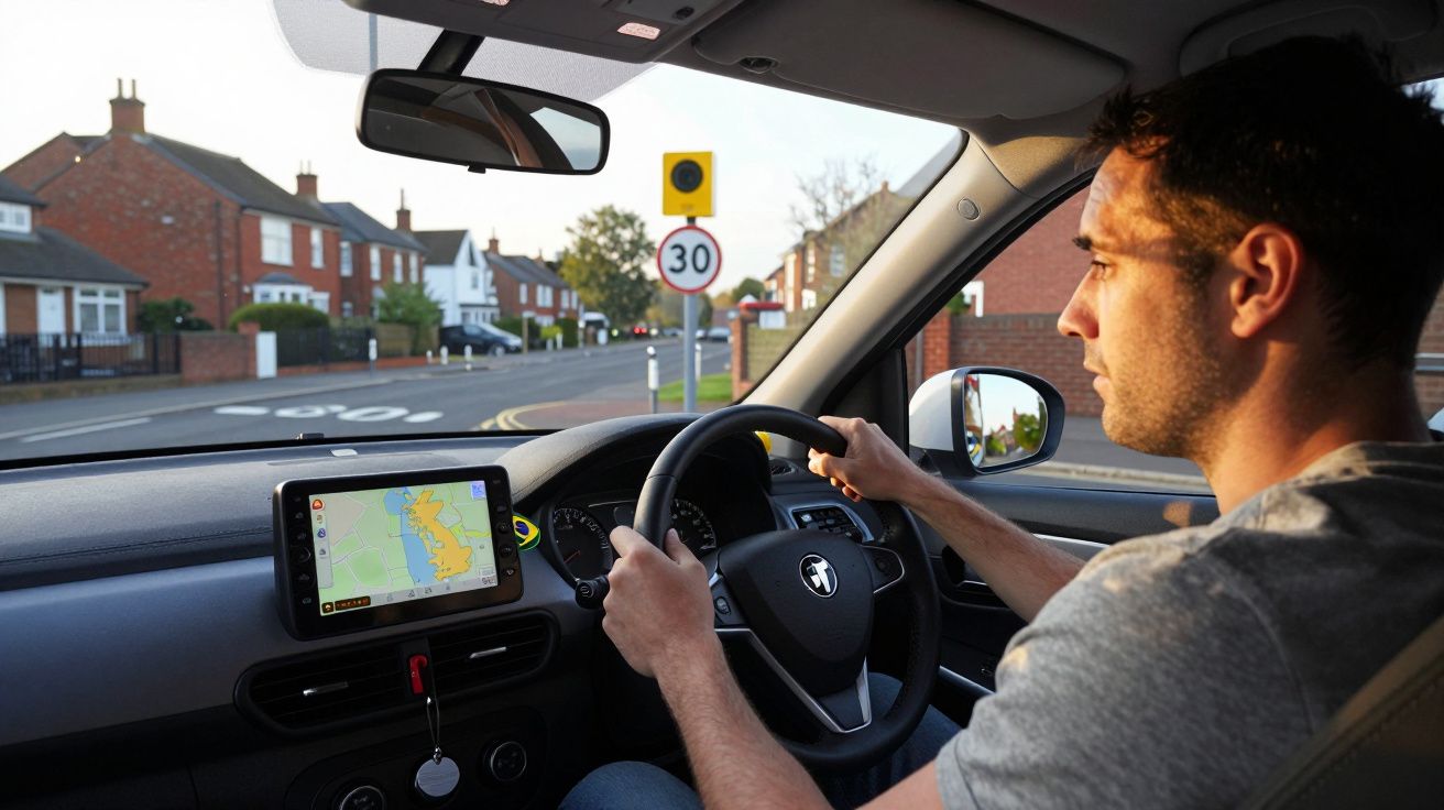 Homem dirigindo carro com GPS e placa de limite de velocidade 30 km/h à frente em área residencial.