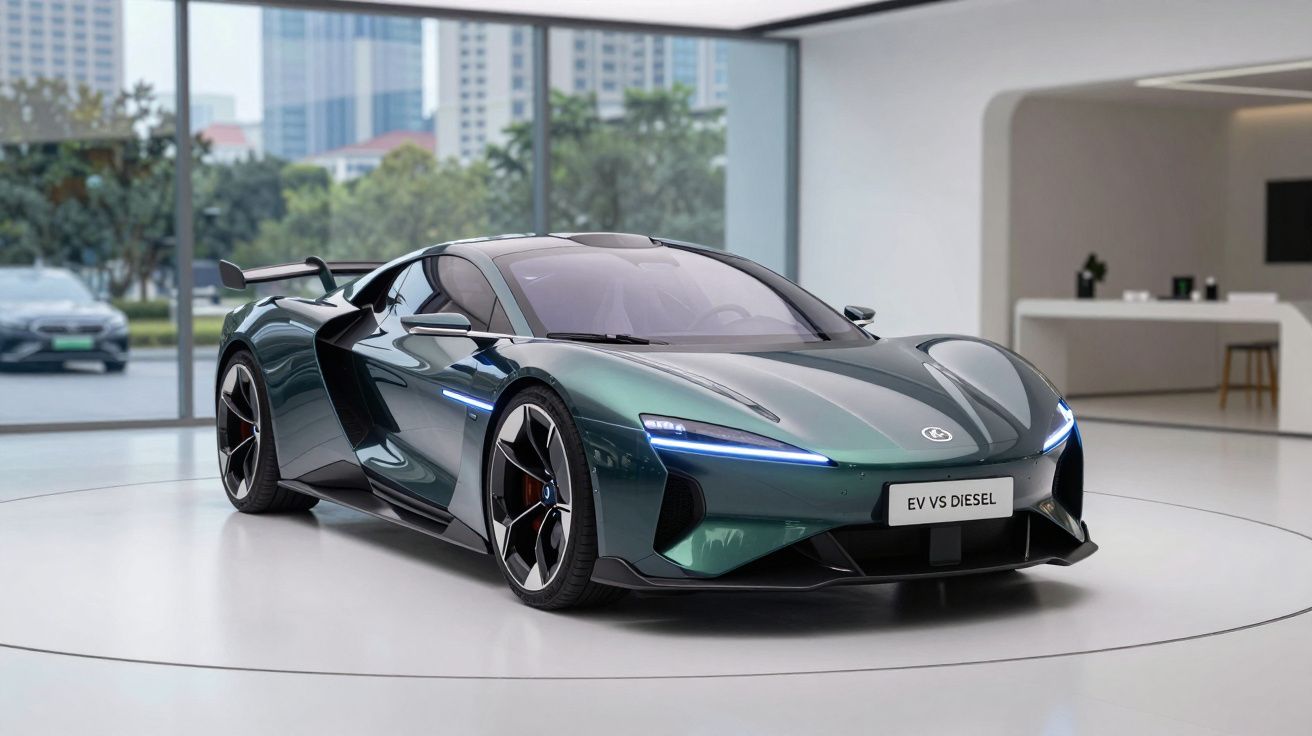 Carro esportivo elétrico verde escuro em exposição moderna com grandes janelas panorâmicas ao fundo.