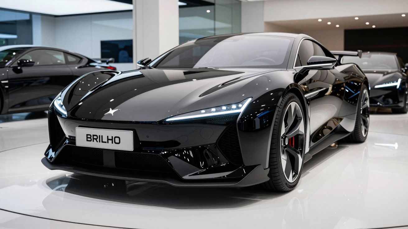 Carro esportivo preto reluzente exibido em showroom moderno com design aerodinâmico e faróis em LED.