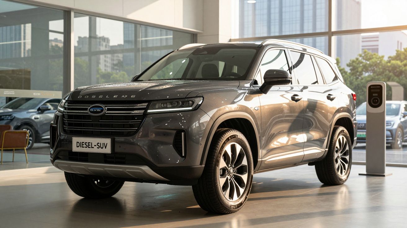 SUV cinza estacionado em showroom moderno com vidro e luz natural refletindo no veículo.