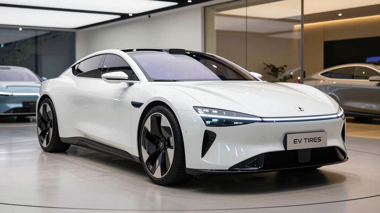 Carro elétrico esportivo branco estacionado em showroom moderno com iluminação suave.