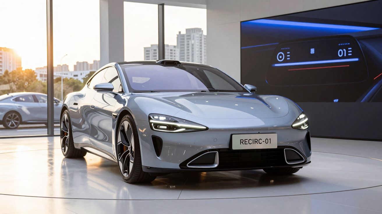 Carro esportivo elétrico cinza exposto em showroom moderno com grandes janelas e painel digital.