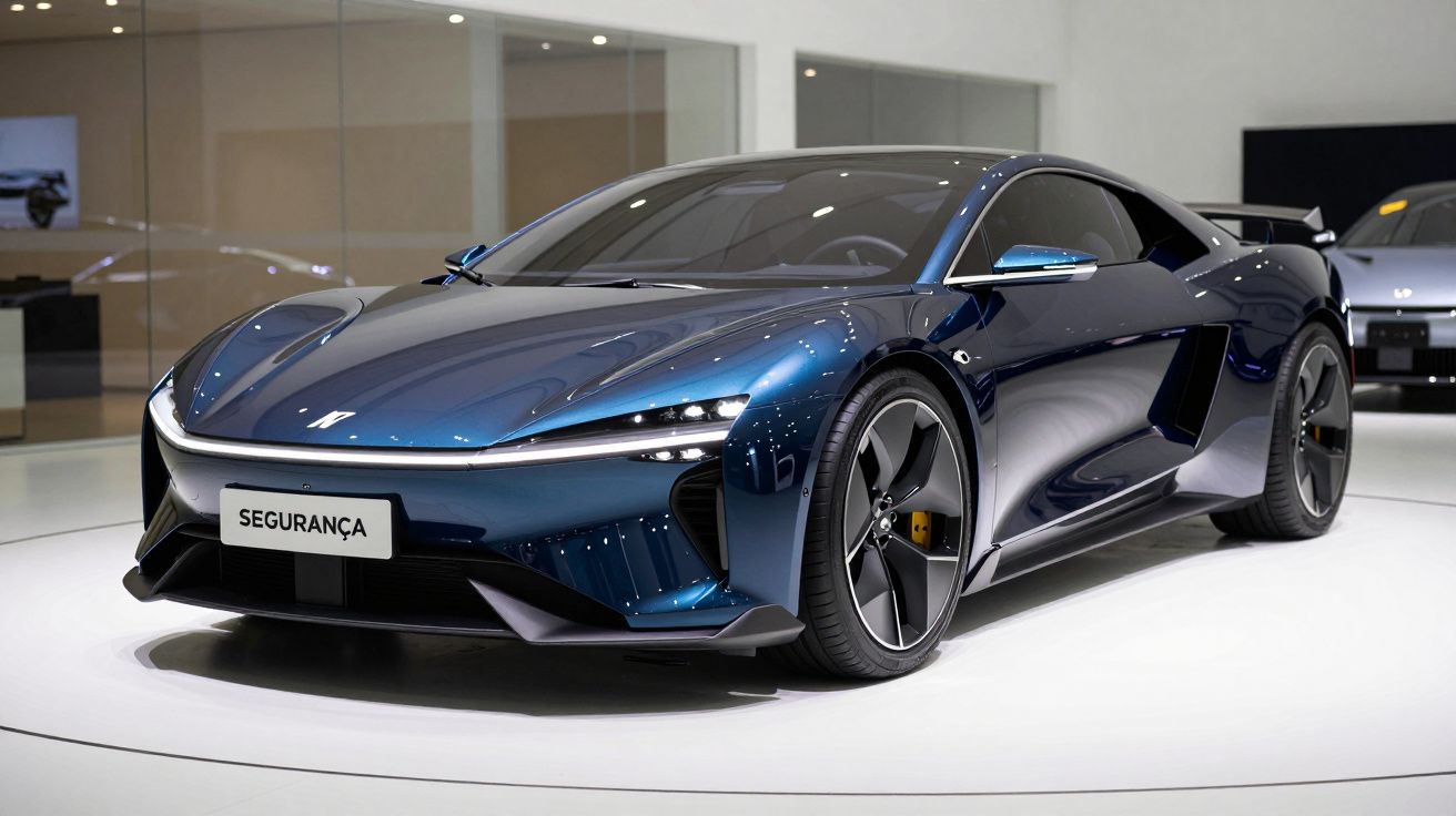 Carro esportivo azul metálico exibido em ambiente interno com placa escrita "SEGURANÇA".